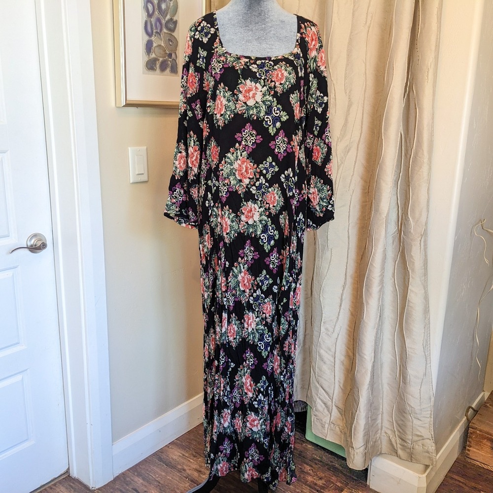 Vintage 90s Black Floral Maxi Dress XL Corset Lace Up Back Whimsigoth Viscose
